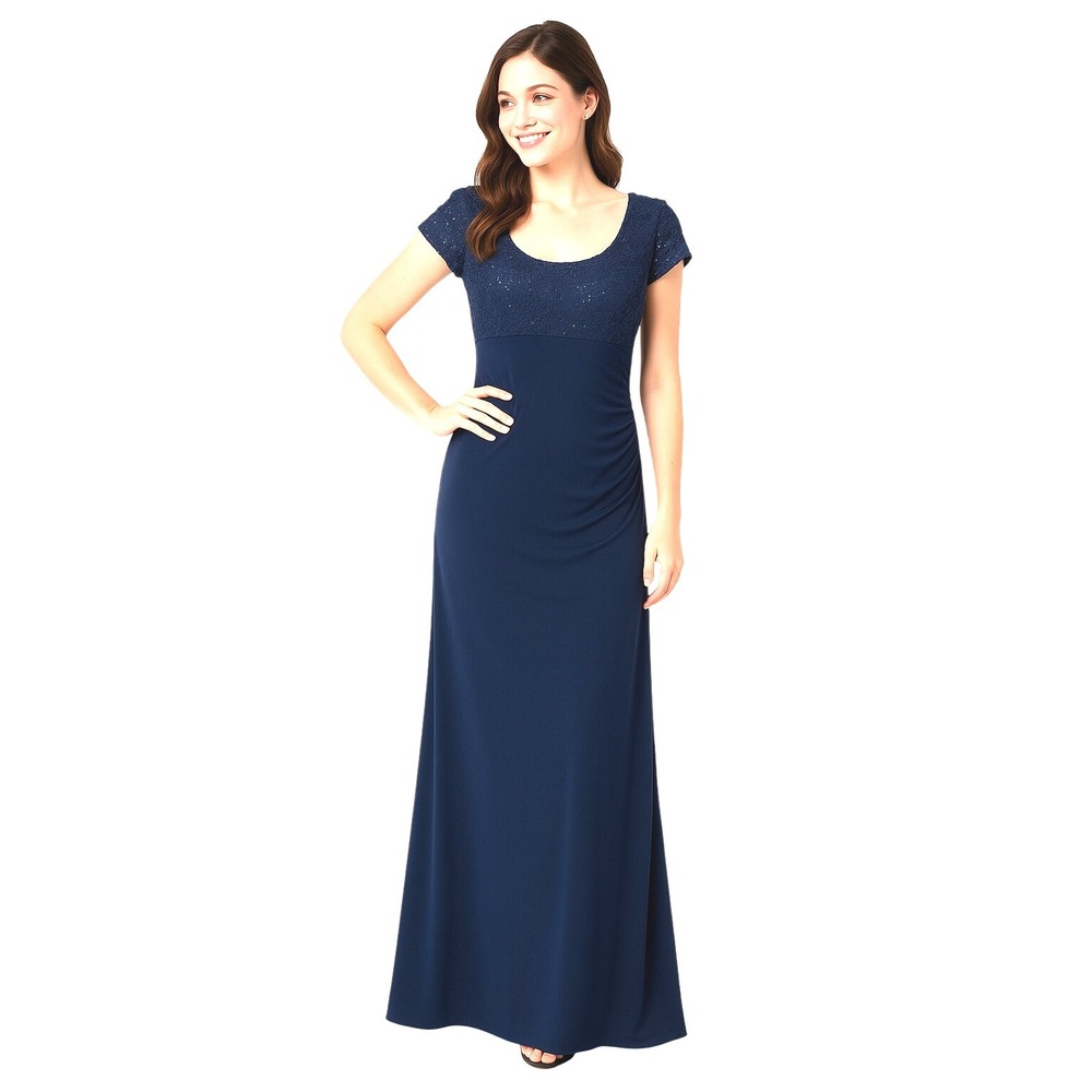 JS Boutique Size 12 Evening Gown Navy Blue Beaded Lace Bodice Ruching Scoop Back